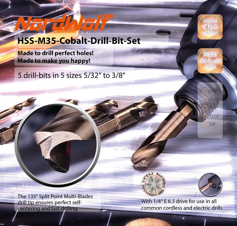 NordWolf 5-Piece M35 Cobalt Stubby Drill Bit Set for Stainless Steel & Hard Metals  with 1/4"" Hex Shank for Quick Chucks & Impact Drivers  SAE Sizes 5/32""-13/64""-9/32""-11/32""-3/8"" in Storage Case - Image 2